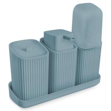 Imagem de Kit Para Banheiro 3 Peças Dispenser Sabonete Porta Algodão Escova (Azul)
