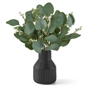Imagem de Dahey Hastes artificiais de eucalipto em vaso de cerâmica pequeno, decoração de mesa, decoração moderna de casa de fazenda, plantas falsas de eucalipto com vaso para banheiro, cozinha, prateleira