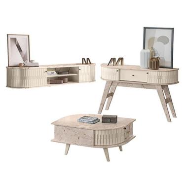 Imagem de Rack Bancada Suspensa Algarve Com Aparador Estoril E Mesa De Centro Indianápolis Calacata Off White – Madetec