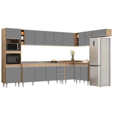 Imagem de Armário De Cozinha Modulada De Canto 9 Peças Cp06 Balcão Com Pia Inox Castanho/cinza - Lumil