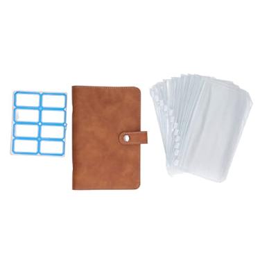 Imagem de QANYEGN Pastas de orçamento A6, pastas de couro PU para notebook, 6 pastas de orçamento pré-perfuradas com 12 zíperes transparentes para viagens de escritório em casa (Marrom)