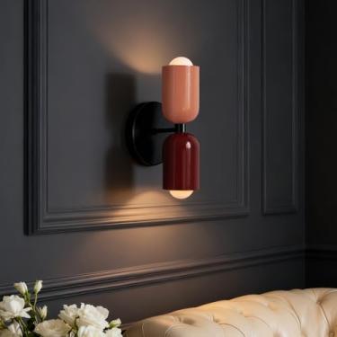 Imagem de Zobawlks Arandela vintage penteadeira de banheiro: luzes de parede de meados do século corredor do quarto - espelho de iluminação de parede de metal (rosa e vermelho)