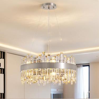 Imagem de Siljoy Lustre de cristal moderno de 12 luzes luxuoso redondo de níquel escovado de 2 camadas K9 cristal gota de chuva luminária de teto de cristal regulável para sala de jantar sala de estar cozinha
