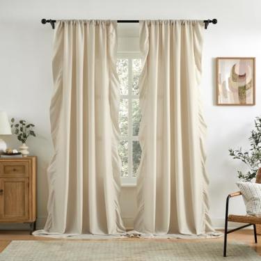 Imagem de Cortinas bege com babados de 153 cm de comprimento, conjunto de 2 painéis para quarto, sala de estar, bolso de haste, filtragem de luz, vintage, românticas, semitransparentes, para quarto de meninas