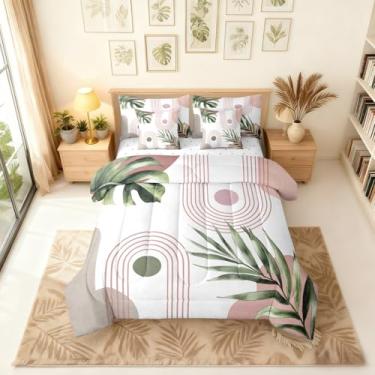 Imagem de Erosebridal Conjunto de edredom King boêmio verde rosa com lençóis, folhas tropicais abstratas de meados do século, conjunto de cama com arco geométrico minimalista moderno em uma bolsa, boêmio