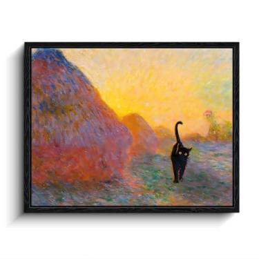 Imagem de Impressão artística emoldurada engraçada de gato preto, arte de gato preto inspirada em Monet por Haystacks at Sunset, arte de parede eclética, pôsteres para quarto, sala de estar, banheiro, decoração