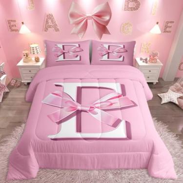 Imagem de jejeloiu Conjunto de cama com laço sonhador, presente para mulheres, adolescentes, tamanho Queen, conjunto de cama com monograma ultra macio, letra E, edredom kawaii rosa, conjunto de edredom