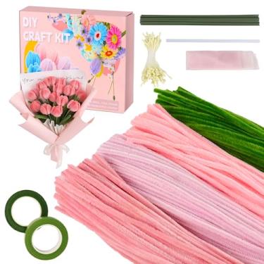 Imagem de Muyuguit Kit de limpeza de cachimbo de 400 peças, limpadores de cachimbo rosa a granel para buquê de flores DIY, hastes de chenille multicoloridas com fios florais, fita de jardinagem, estame e fita