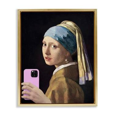 Imagem de Stupell Industries Arte de parede em tela flutuante com moldura dourada engraçada garota com telefone rosa, design por Masters Redux, 78 x 63 cm