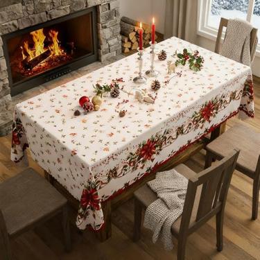 Imagem de 1 conjunto de toalha de mesa de Natal estampada com tapete de mesa para decoração de Natal à prova d'água e resistente a manchas com neve refletora de azevinho (89 x 147 cm)