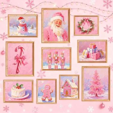Imagem de Whaline 10 peças de arte de parede vintage de Natal rosa árvore de Natal Papai Noel quebra-nozes boneco de neve arte pôster retrô decoração de parede de inverno para galeria, sala de estar, quarto