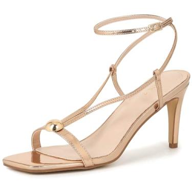 Imagem de Perphy Sandália feminina de bico quadrado com salto agulha e tira no tornozelo, Ouro rosa, 35