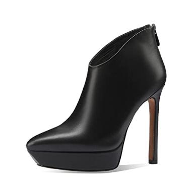 Imagem de TinaCus Bota feminina feita à mão de couro genuíno plataforma com zíper nas costas bico fino salto agulha cano curto, Salto preto 10 cm, 35