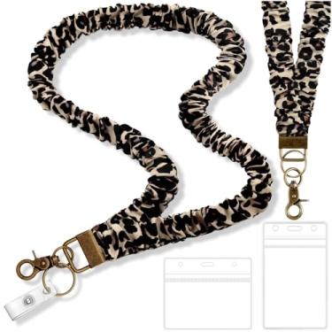 Imagem de Zkptops Cordão Scrunchie para crachás de identificação, chaves, colhedores de pescoço elásticos fofos para professores, alça retrátil para chaveiros, estetica, marrom, leopardo, elástico, colhedores