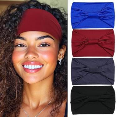 Imagem de Bandanas para mulheres, faixa de cabelo larga para mulheres, faixas de cabelo elásticas para treino, pacote com 4, estilo laço (mistura - 4 peças)
