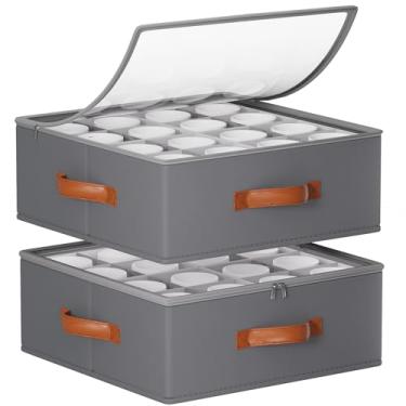 Imagem de Foyego Pacote com 2 caixas de armazenamento de canecas de café com divisórias, recipientes empilháveis de armazenamento chineses com tampa, zíper e alças para 32 canecas e xícaras, organizador de