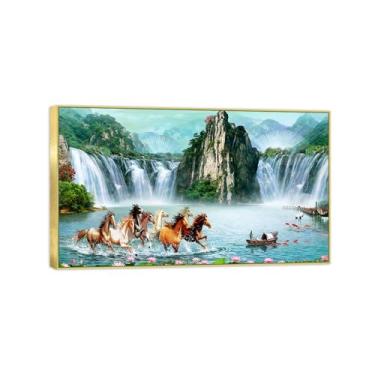 Imagem de Chinoiserie Arte de parede paisagem imagem em tela - montanha cachoeira lago cavalo - pintura chinesa - impressões de moldura dourada para decoração de casa 50 x 85 cm 20 x 33 pol