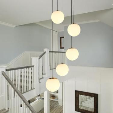Imagem de Lustre Cluster Globe de Vidro com 5 Lâmpadas, Acabamento Dourado Escovado, Estilo Meados do Século XX, com Vidro Branco Leitoso, Luminária Pendente Multiuso para Escadas, Altura Ajustável, I