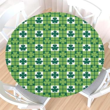 Imagem de Toalha de mesa redonda para Dia de São Patrício com borda elástica, resistente à água, limpável, verde, branco, búfalo, xadrez, trevo, trevo, capa de mesa para mesa elástica de 101,6 a 111,8 cm para