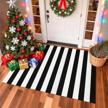 Imagem de Fixseed Tapete listrado preto e branco, 1,2 m x 1,8 m, tapete listrado ao ar livre, de algodão, lavável, para ambientes internos e externos, capachos para sala de estar, sala de jantar, quarto