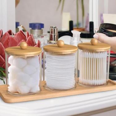 Imagem de Porta Algodão Triplo Acrílico com Tampa de Bambu – Organizador para Cotonete, Discos de Algodão e Maquiagem – Transparente, Moderno e Durável