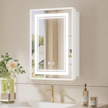 Imagem de TokeShimi Espelho De Armário Remédios Com Led Branco 16X24 Para Banheiro Temperado, 3 Cores Escurecimento Contínuo, Iluminação Embutida Desembaçador Espelhado, Armazenamento E Tomadas