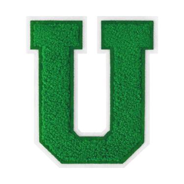 Imagem de 1 peça de patch de letra de chenille verde de 11,4 cm com borda branca – adesivos do alfabeto para roupas, jaquetas, mochilas, chapéus para decoração personalizada, nome personalizado e artesanato. (U