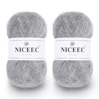 Imagem de NICEEC 2 novelos de fio de mohair de pelo longo, fofo e felpudo, luxuoso e fino, fio de mistura de lã para crochê e tricô, total de 79,9 g/788 m - acinzentado