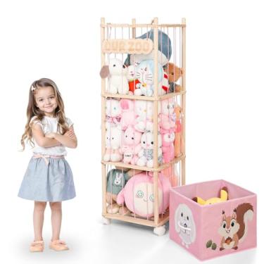 Imagem de JoyPcsTable Zoológico de armazenamento de animais de pelúcia com gaveta de tecido removível e rodas de bloqueio, organizador de brinquedos de madeira 2 em 1 para economizar espaço, suporte de