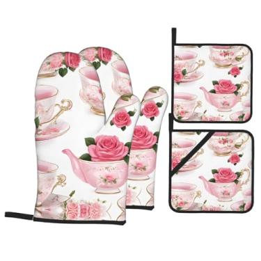 Imagem de Xícaras de chá com rosas românticas gastas - Conjunto de luvas de cozinha com suportes de tampa, luvas de forno resistentes ao calor para lidar com panelas quentes, grelhar, churrascos, kit de 4 peças
