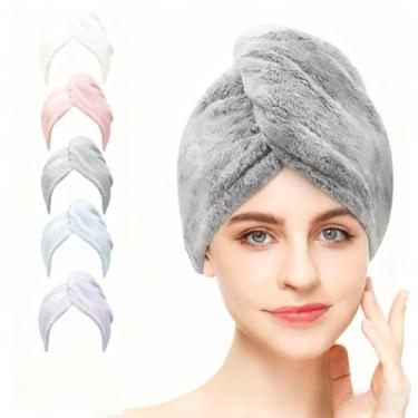 Imagem de Pacote com 3 touca de cabelo seco de lã coral, macia e absorvente (cinza, azul, rosa)