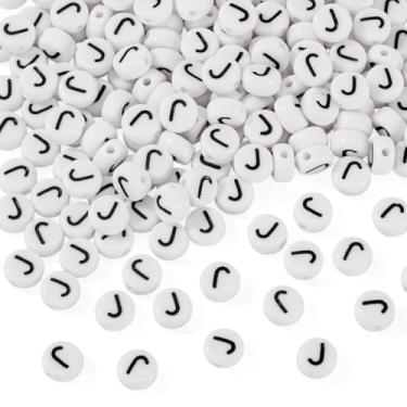 Imagem de Elecrelive 500 peças contas redondas planas 7 mm contas brancas do alfabeto acrílico para pulseira da amizade, colar para fabricação de joias (letra J)