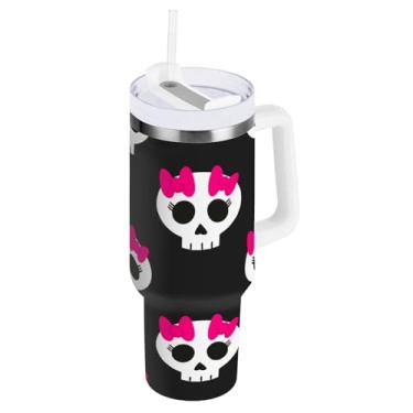 Imagem de Kigai Copo de 850 g com alça, copos isolados de caveira legal com tampa e canudo, garrafa de água esportiva grande de metal, caneca de café de viagem de aço inoxidável