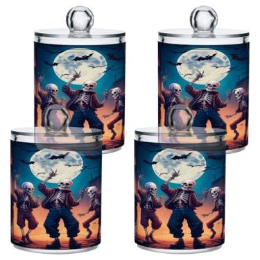 Imagem de STAYTOP 2 frascos de boticário Qtip para banheiro com etiquetas – Recipiente de armazenamento Qtip de plástico transparente acrílico para bola de algodão, cotonete, grão de café - esqueleto divertido