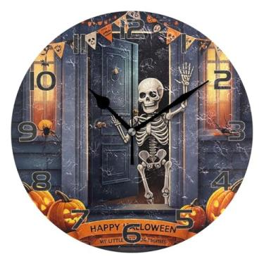Imagem de YETTASBIN Relógio de parede esqueleto de Halloween, silencioso, sem tique-taque, operado por bateria, relógio redondo decorativo criativo para cozinha, sala de estar, banheiro, decoração de escritório
