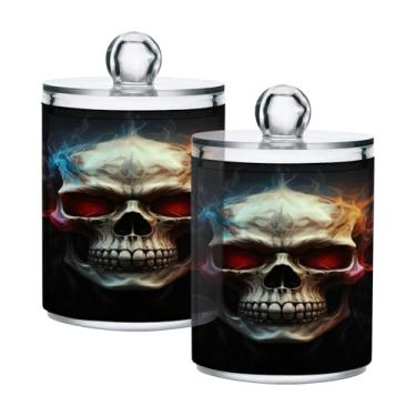 Imagem de STAYTOP 2 frascos de boticário com dispensador Qtip para banheiro com etiquetas – Recipiente de armazenamento Qtip de plástico transparente para bola de algodão, cotonete, grão de café e caveira