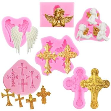 Imagem de Aramola Conjunto de moldes de silicone de 6 peças para decoração de bolos de batismo, cruzes e asas de anjo fondant chocolate doce