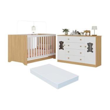 Imagem de Berço Americano 3 em 1 com Colchão Incluso e Cômoda 2 Portas 4 Gavetas Teddy Multimóveis Mp4735 Madeirado/branco