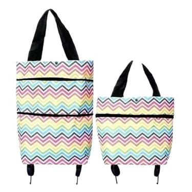 Imagem de Carrinho Dobrável Portátil com Rodas Bolsa de Compras Leve 10kg Para Feira Mercado(Cor listrada)