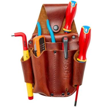 Imagem de FESA Bolsa de ferramentas de couro para eletricista – Bolsa de ferramentas com clipe e bolso para medidor de tensão e 5 outros compartimentos – Fácil de colocar e tirar – Cabe em cintos de até 7,6 cm