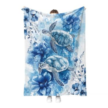Imagem de Hohoto Cobertor floral de tartaruga marinha, flores azuis, presentes para mulheres, crianças, meninas, aniversário, Natal, Dia das Mães, mãe, esposa, irmãs, amigas, presentes coloridos, cobertores 127