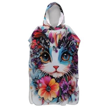 Imagem de TSENQUE Roupão de mudança de poncho de surfe com estampa artística de gato floral colorido para banho de praia Adul toalhas com capuz reutilizáveis ponchos adultos para mulheres