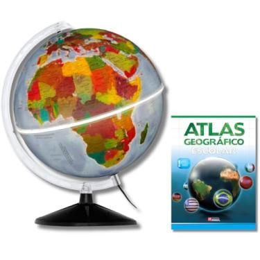 Imagem de GLOBO TERRESTRE FÍSICO POLÍTICO LUMINOSO BASE PRETA 30CM + ATLAS GEOGRÁFICO