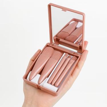 Imagem de Conjunto de pincéis de maquiagem para viagem, 5 peças, mini kit de maquiagem com espelho, pincéis de tamanho de viagem para pó, base, sombra e lábios, mini rosa