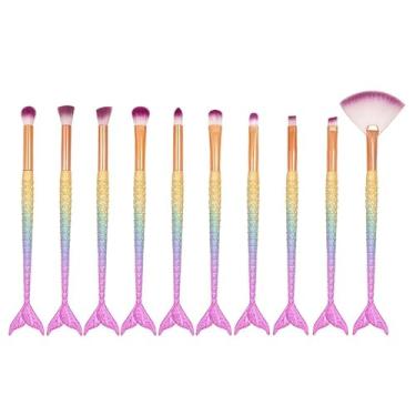 Imagem de Conjunto de pincéis de maquiagem sereia, 10 peças de pincéis de maquiagem para olhos, corretivo de sombra, delineador, sobrancelha, pincel (colorido roscado)