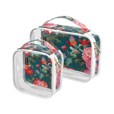 Imagem de GAIGEO Conjunto de 2 sacos de maquiagem transparentes de mosaico colorido e estilizado, bolsa de cosméticos transparente para viagem, bolsa de higiene pessoal para carro, Flores coloridas e