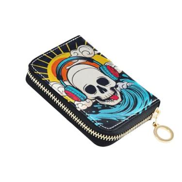 Imagem de Carteira feminina engraçada colorida com caveira, azul, preta, pequena com bloqueio de RFID, com zíper e zíper