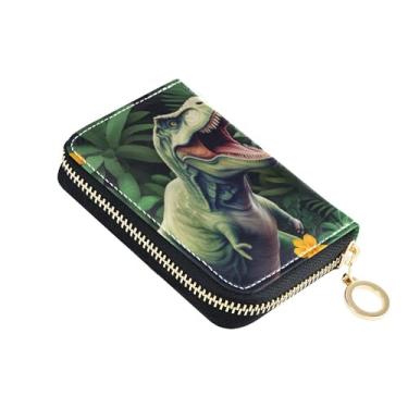 Imagem de Carteira pequena feminina com bloqueio de RFID, carteira de cartão de crédito com zíper e zíper verde legal dinossauro laranja floral