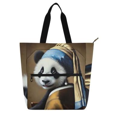 Imagem de GAIGEO Sacola Artística Panda Pérola Brinco Livro para Crianças e Mulheres Zíper Lona Bolsa Escolar Trabalho Viagem