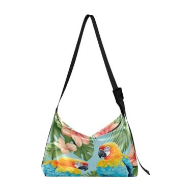 Imagem de Bolsa de ombro branca com folhas tropicais, bolsa tiracolo masculina de couro, alça grossa, Papagaios em folhas e flores de palmeira - 2, One Size